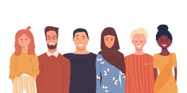 Renkli vektör çizimi. Gençler. Çok ırklı, gülümseyen insanlardan oluşan bir grup. Çok kültürlü bir topluluk. Afrikalı, Asyalı, Avrupalı öğrenciler. İletişim ve ilişkiler. Kültürel çeşitlilik