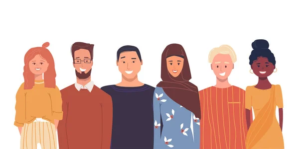 Renkli vektör çizimi. Gençler. Çok ırklı, gülümseyen insanlardan oluşan bir grup. Çok kültürlü bir topluluk. Afrikalı, Asyalı, Avrupalı öğrenciler. İletişim ve ilişkiler. Kültürel çeşitlilik