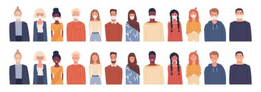 Beyaz üzerine izole edilmiş düz stil vektör çizimleri. Küresel toplum Coronavirüs salgını. Tıbbi maske takan insanlar. Farklı uluslardan, kültürlerden sağlıklı insanlar mutlu bir şekilde gülümsüyor.