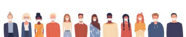 Çok ırklı bir grup insan tıbbi maske takıyor. Küresel sorun. Hastalık salgını, koronavirüs enfeksiyonu, hava kirliliği. Coronavirus karantinası. Düz biçimli vektör illüstrasyonları beyaz üzerinde izole