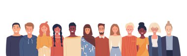 Düz bir şekilde vektör illüstrasyonu. Küresel toplum Farklı milletlerden, kültürlerden mutlu, gülümseyen insanlar. Çok ırklı bir grup insan. Metin için beyaz boş yer ile parlak pozitif kompozisyon