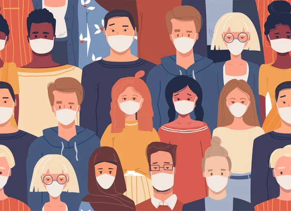 Farklı milletlerden tıbbi maske takan insanların olduğu düz bir model. Küresel toplum Kültürel çeşitlilik. Hastalık salgını, koronavirüs enfeksiyonu. Coronavirus karantinası.