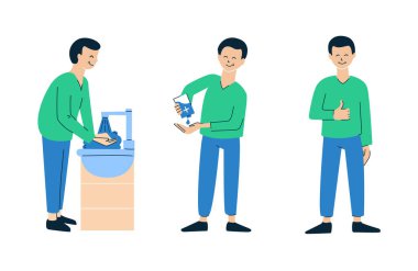 Set of vector illustrations in flat style isolated on white. Clean, wash your hands. People washing hands with soap and water. Man using alcohol-based hand rub. Personal hygiene, disease prevention. clipart