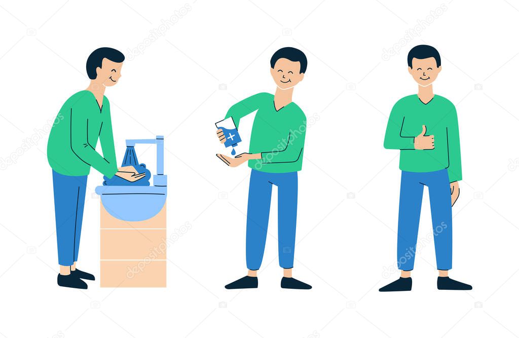 Set of vector illustrations in flat style isolated on white. Clean, wash your hands. People washing hands with soap and water. Man using alcohol-based hand rub. Personal hygiene, disease prevention.