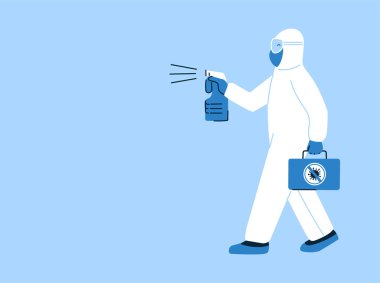 Vektör düz bir şekilde izole edildi. Coronavirus dezenfeksiyonu. Antibakteriyel sprey kullanan tehlikeli madde kıyafeti giymiş bir adam. Dezenfektan tasarımı. Poster, broşür. Hijyen. Metin için yer