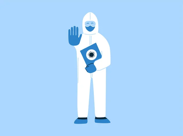 Vector illustration in flat style with empty place for text. Stop coronavirus COVID-19. Pandemic medical design concept. Man, specialist, doctor in white hazmat suit and mask. Poster, banner, brochure — Stock Vector