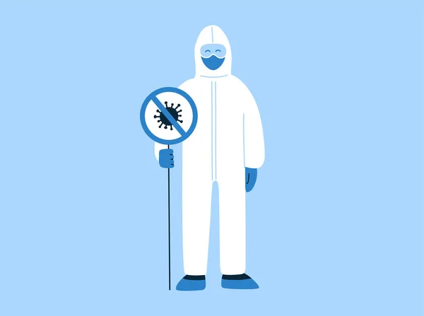 Vector illustration in flat style with empty place for text. Stop coronavirus COVID-19 concept. Prohibit sign. Novel bacterium. No infection, germs. Man, specialist, doctor in white hazmat suit, mask — Stock Vector