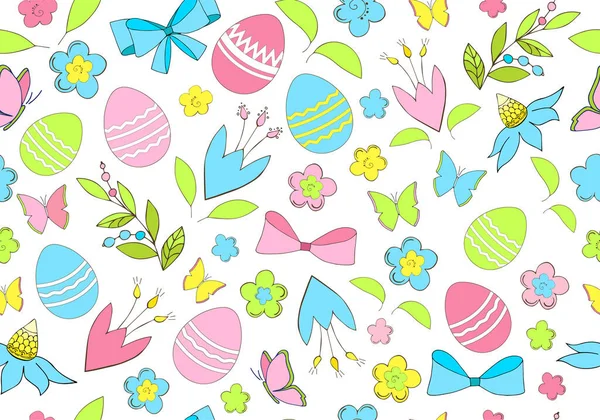 Happy Easter. Modern childish cute hand drawn vector seamless pattern in positive spring colors. Endless texture with flowers, leaves, decorated painted Easter eggs, butterfly, bows. Print. Wallpaper — Stock Vector
