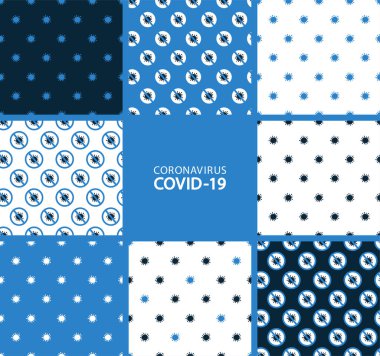 Düz bir şekilde vektörsüz desenler kümesi. Sonsuz doku. Coronavirus COVID-19 kavramını durdur. Yasak işareti. Roman bakterisi. Enfeksiyon yok, mikrop yok. Hijyen. Evde kal. Arkaplan, duvar kağıdı, baskı