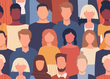 Farklı milletlerden ve kültürlerden insanlarla düz bir şekilde vektör deseni. Küresel toplum Kültürel çeşitlilik. Çok ırklı bir grup. Arkadaşlık, iletişim, seyahat. Evrensel tasarım