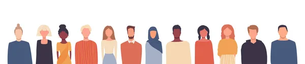 Düz bir şekilde vektör illüstrasyonu. Küresel toplum Farklı milletlerden insanlar, beyaz ırktan soyutlanmış kültürler. Çok ırklı bir grup insan. Evrensel tasarım konsepti. Metin için beyaz boş yer