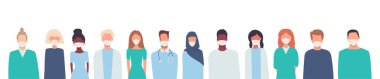 Doktorlar, hemşireler, sağlık görevlileri, sağlık personeli. Tıbbi maskeli çok ırklı bir grup insan. Coronavirus COVID-19 karantinası. Beyaz üzerine izole edilmiş düz stil vektör çizimleri. Metin için yer