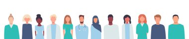 Yatay vektör illüstrasyonu beyazı izole eder. Coronavirus. Doktorlar, hemşireler, sağlık görevlileri, sağlık personeli. Çok ırklı bir grup insan. Teşekkür ederim. Evde kal. Metin için yer