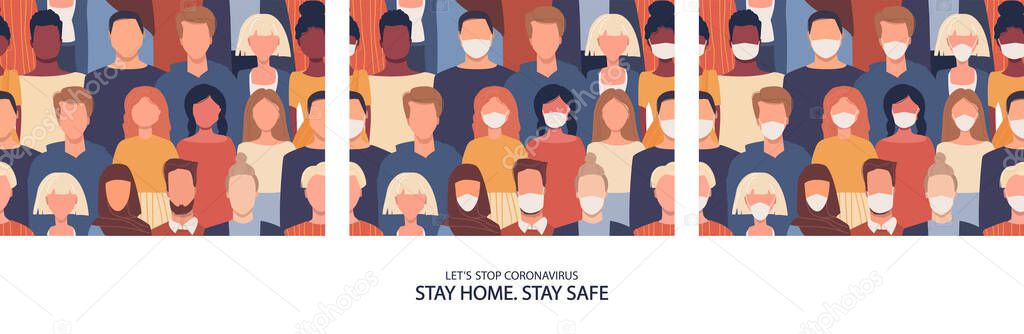 Vector set of seamless patterns. Pandemic concept. Epidemic, outbreak of coronavirus COVID-19. Spread of virus, infection, flu, disease. Modern society. Cultural diversity. People. Stay home, safe