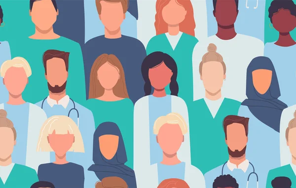 Doktorlar, hemşireler, sağlık görevlileri, sağlık personeli. Sağlık hizmeti, tıp konsepti. Arka plan, duvar kağıdı. Sonsuz doku. Düz biçimde modern vektörsüz desen. Ortak etnik toplum. İnsanlar