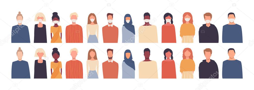 Set of vector illustrations in flat style. Modern multicultural, multiethnic society. European, african, asian, american. Men and women. People wearing medical masks. Coronavirus pandemic, quarantine.