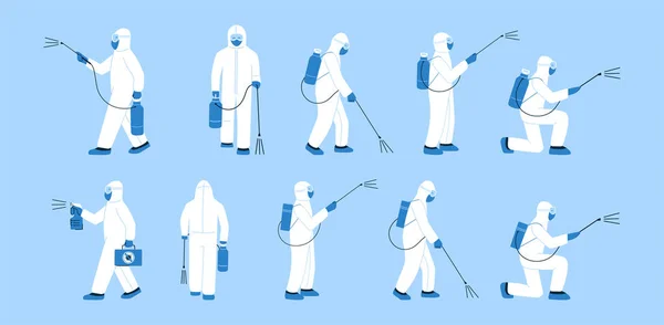 Düz bir şekilde izole edilmiş vektör çizimleri. Mikrop yok. Adam, uzman, beyaz koruyucu giysili doktor, maske. Halka açık yerlerde dezenfeksiyon. Virüse karşı bir önlem olarak dezenfekte