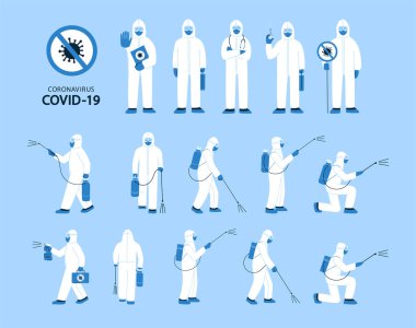 Düz bir şekilde izole edilmiş vektör çizimleri. Beyaz koruyucu giysili, maskeli bir adam. Dezenfekte, halka açık yerlerde dezenfekte. Koronavirüsü durdurun. Doktorlar, hemşireler, sağlık çalışanları, sağlık personeli.