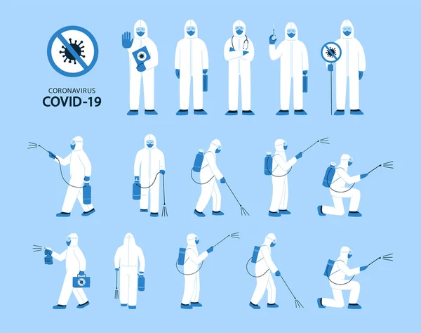 Düz bir şekilde izole edilmiş vektör çizimleri. Beyaz koruyucu giysili, maskeli bir adam. Dezenfekte, halka açık yerlerde dezenfekte. Koronavirüsü durdurun. Doktorlar, hemşireler, sağlık çalışanları, sağlık personeli.