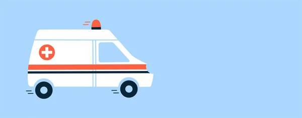 Düz bir şekilde vektör illüstrasyonu. Poster, afiş, broşür, duyuru şablonu. Mesaj için boş bir yer. Kırmızı sirenli beyaz ambulans arabası. Tıbbi araç. Acil durum. Acil tıp konsepti