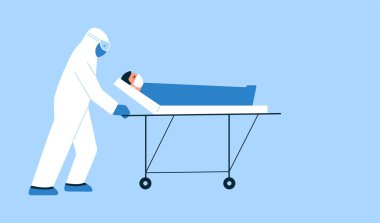 Düz biçimde modern izole edilmiş vektör çizimi. Poster. Mesaj için boş bir yer. Sağlık hizmeti, ambulans konsepti. Beyaz koruyucu giysili doktor, sedye yatağında Coronavirus hastası taşıyor.