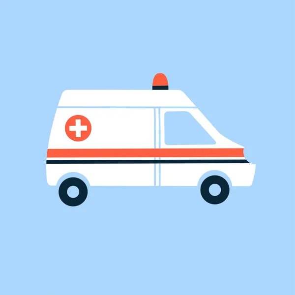 Modern vektor illustration i platt tecknad stil isolerad på en blå bakgrund. Vit ambulansbil med rött sirenljus. Medicinskt fordon. Nödläge. Brådskande medicin, hälso- och sjukvård — Stock vektor
