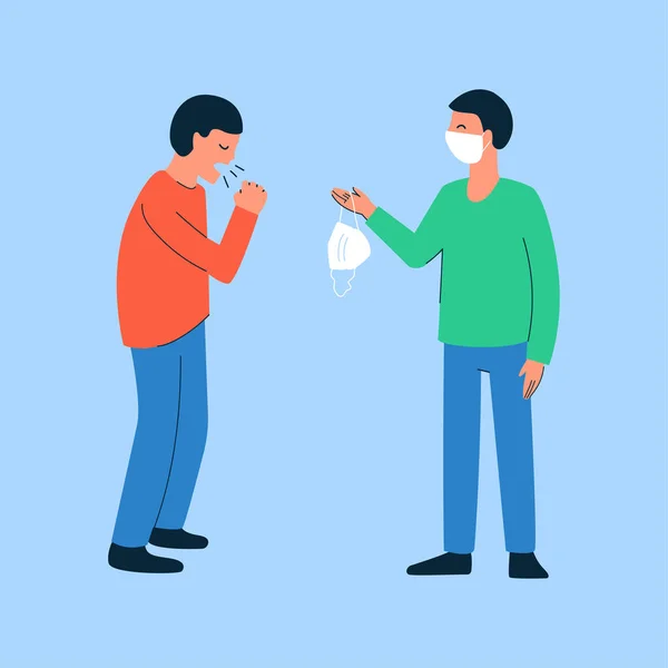 Modern vector isolated illustration in flat style. Composition with people. Healthy smiling man giving mask to a coughing, sneezing man. Personal respiratory hygiene. Coronavirus COVID-19 quarantine — Stock Vector