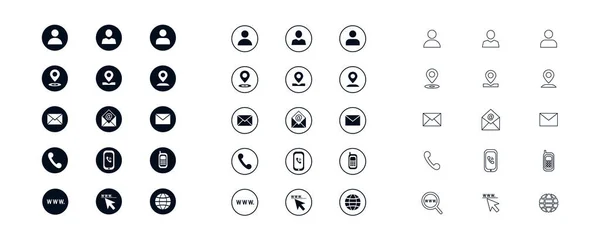 Beyaz arka planda izole edilmiş farklı stillerde modern vektör iş simgeleri kümesi. Konum sembolü, e-posta, telefon, web sitesi. Kartvizit tasarımı için klip sanatı. İletişim ve pazarlama