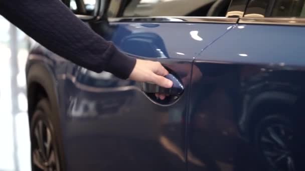 经销商经理打开新车的车门向顾客展示 — 图库视频影像