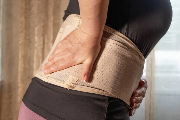 Image Woman Suffering Back Stomach Pain Orthopedic Corset Means Rehabilitation — Stock Photo, Image