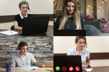 Grup çalışması video çağrısı, fikir paylaşımı müzakere beyin fırtınası video konferansı, çevrimiçi öğrenme, uzaklık eğitimi