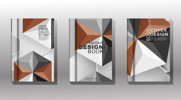 Zbiór okładek książek, broszur itp. sześciokątne kształty ułożone w trójkątną geometrię z kombinacją czarnego, białego brązowego i szarego — Wektor stockowy
