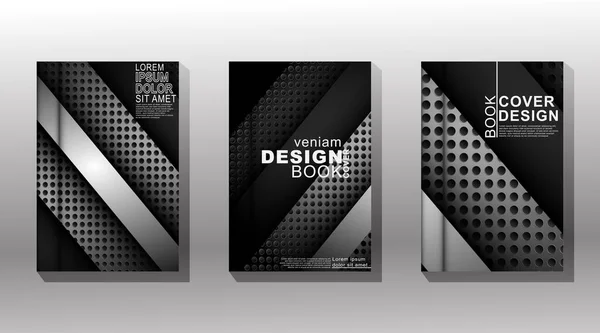 Design moderno del libro di copertina con forme geometriche e motivi a cerchio nero sovrapposti — Vettoriale Stock