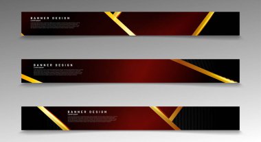 Modern tarz pankartların koleksiyonu var. Altın çizgili ve siyah arkaplanlı kırmızı gradyan. Vektör illüstrasyonu