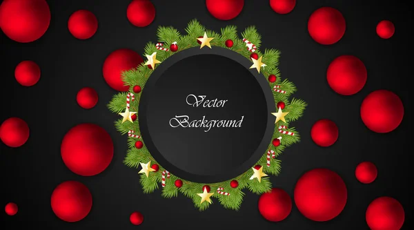 Christmas vector background. black circle for text. ornaments with red balls, candies, stars and balls. — Stock Vector