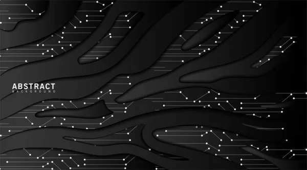 Fundo de tecnologia preta. Decoração de peças de papel texturizadas abstratas realistas com camadas onduladas e pontos e linhas de conexão. Vetor — Vetor de Stock
