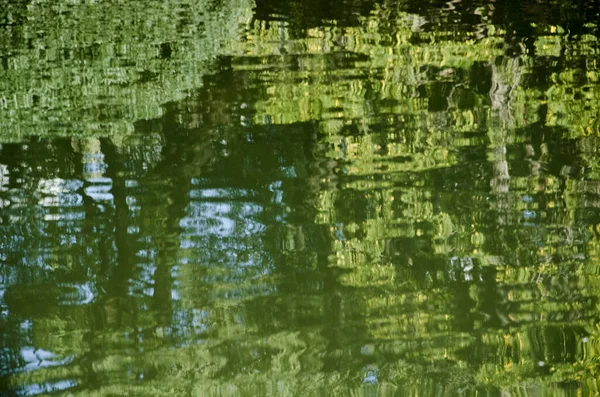 Reflexões verdes sobre a superfície da água em movimento — Fotografia de Stock