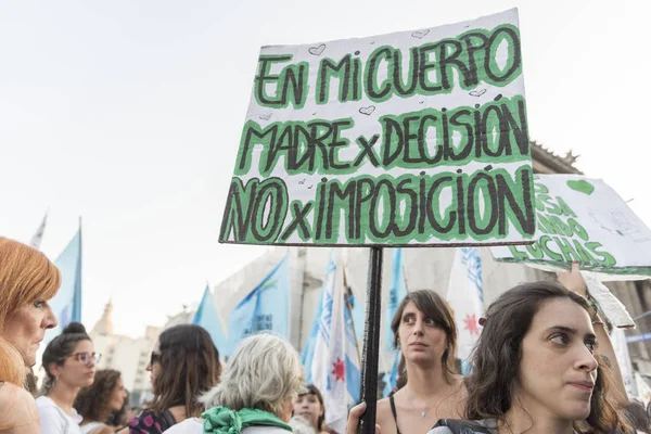 首都联邦 布宜诺斯艾利斯 阿根廷 2020年2月19日 支持批准合法 安全和自由堕胎的法律 有标志的女人 在我的身体里 母亲是自愿的 不是被迫的 — 图库照片