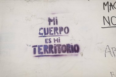 Caba, Buenos Aires / Arjantin; 9 Mart 2020: Uluslararası Kadınlar Günü, feminist grev. Duvara yazılmış bir mesaj, bedenim benim bölgem.