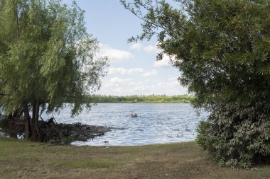 Mercedes, Soriano / Uruguay; 26 Aralık 2018: Rio Negro kıyısında yaz manzarası: Çimenler ve çalılar, sakin su ve kayıkla giden bir adam.