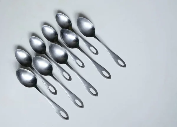 Metal Spoons White Table — Stock Photo, Image