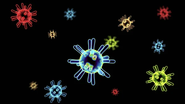 Siyah Zemin Üzerinde Yüzen Renkli Koronavirüs Parçacıkları — Stok fotoğraf