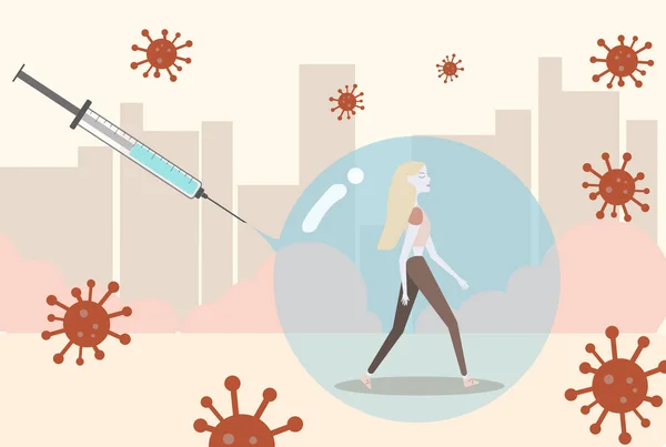 Happy Young Woman Bubble Made Vaccine Shield Walking City Protection — Stock Photo, Image