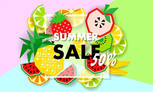 Баннер летней продажи с фруктами, векторами — стоковый вектор