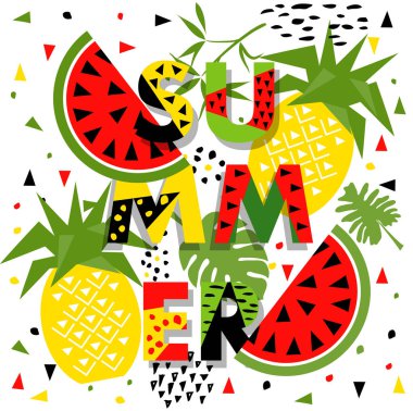 Karpuz ve ananas, vektör yaz afiş