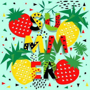 Ananas, çilek, vektör yaz afiş
