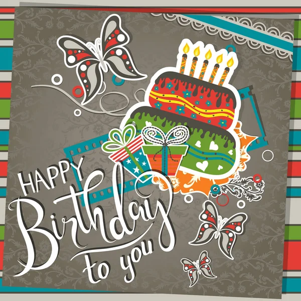 Tarjeta de felicitación de cumpleaños de la plantilla con pastel y texto, vector — Archivo Imágenes Vectoriales