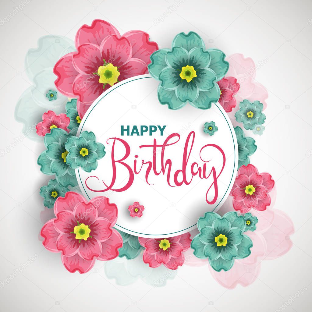 Birthday greeting card with blossoms flowers, vector illustratio