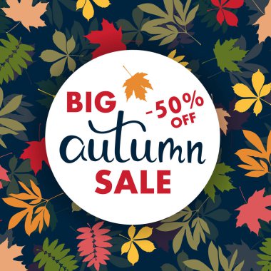 Çok renkli sonbahar yaprakları ile satış banner. Vektör 