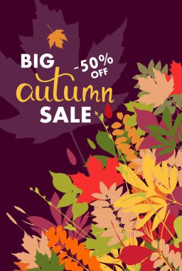 Çok renkli sonbahar yaprakları ile satış banner. Vektör
